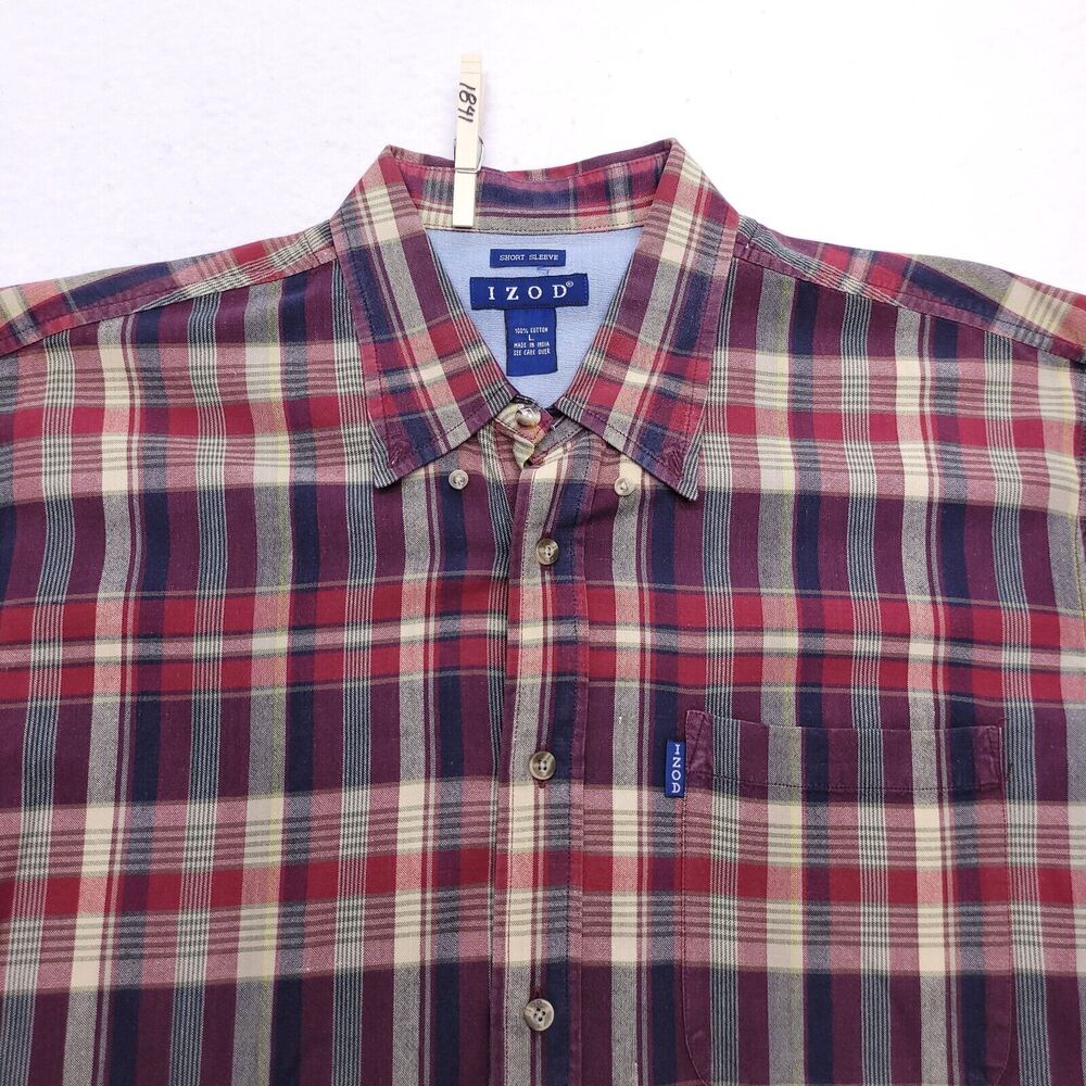 IZOD Casual Short Sleeve Button Up Shirt Adult Mens Size Large L Red Blue